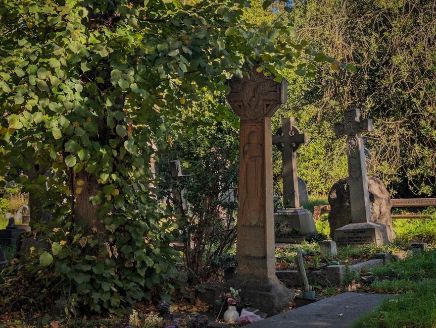 A view of a graveyard with several old stone and wooden tombstones, some with carved crosses, arranged in rows among lush green foliage and trees. One prominent wooden tombstone stands in the foreground, partially obscured by a dense bush with broad green leaves. The scene is illuminated by natural daylight, casting soft shadows on the uneven ground covered with grass and scattered flower tributes. This outdoor setting depicts a quiet area where headstones are positioned closely together, with a mix of traditional and weathered stones. The overall atmosphere is peaceful and solemn, suitable for a home relocation or house moving service context where careful handling of property and surroundings is essential, such as with Man and Van Brompton involved in sensitive packing and moving logistics.